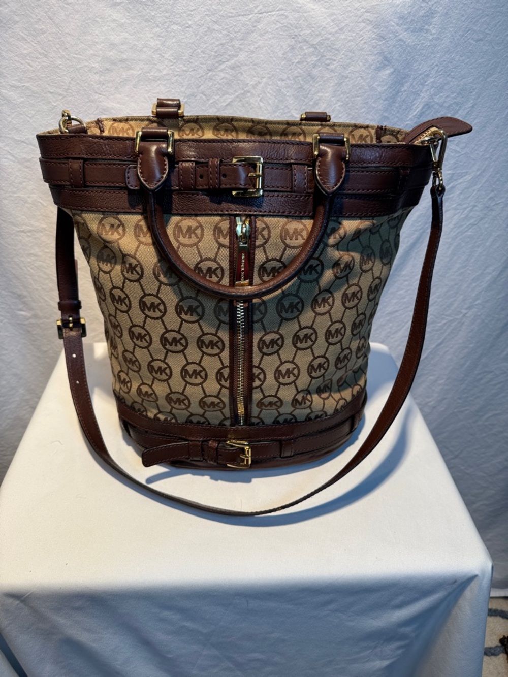 Michael Kors Brown and Tan Signature Canvas Bucket Tote